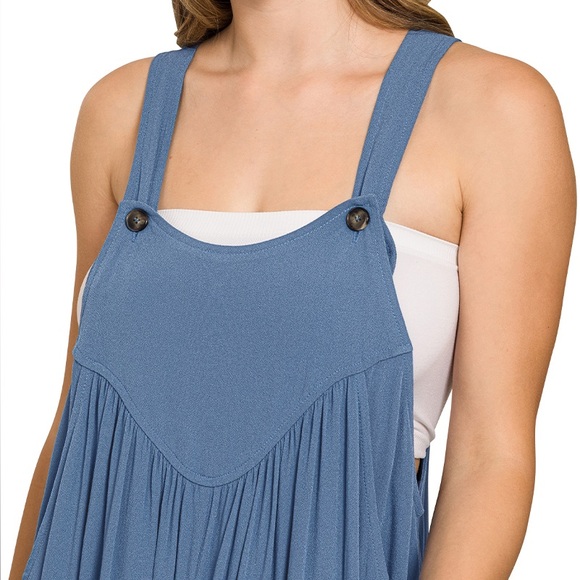 Woven Rayon Crepe Overall Jumpsuit in Dusty Blue - Picture 3 of 6